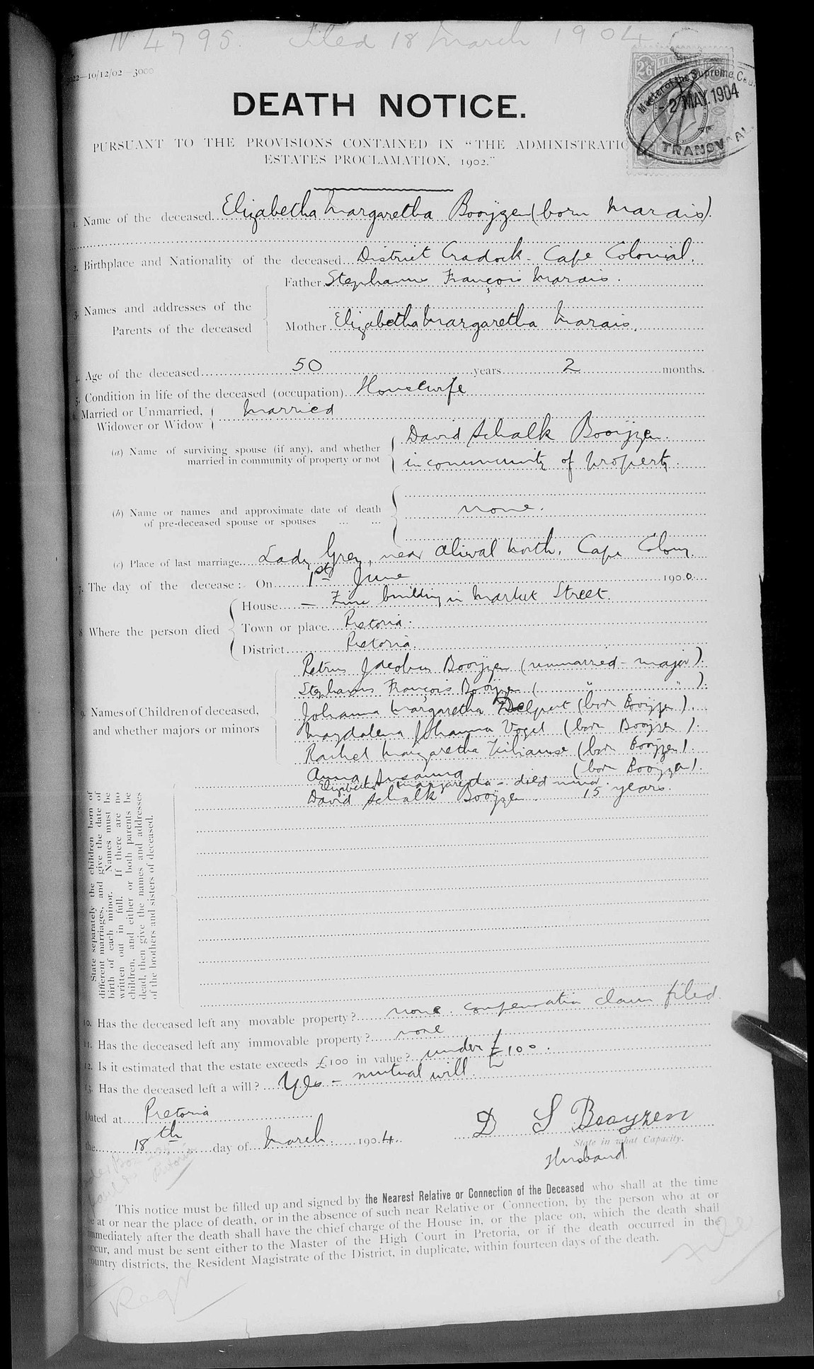 Death Notice 4795 of 1900 for Elizabetha Margaretha Booijzen, born Marais, of Pretoria.
