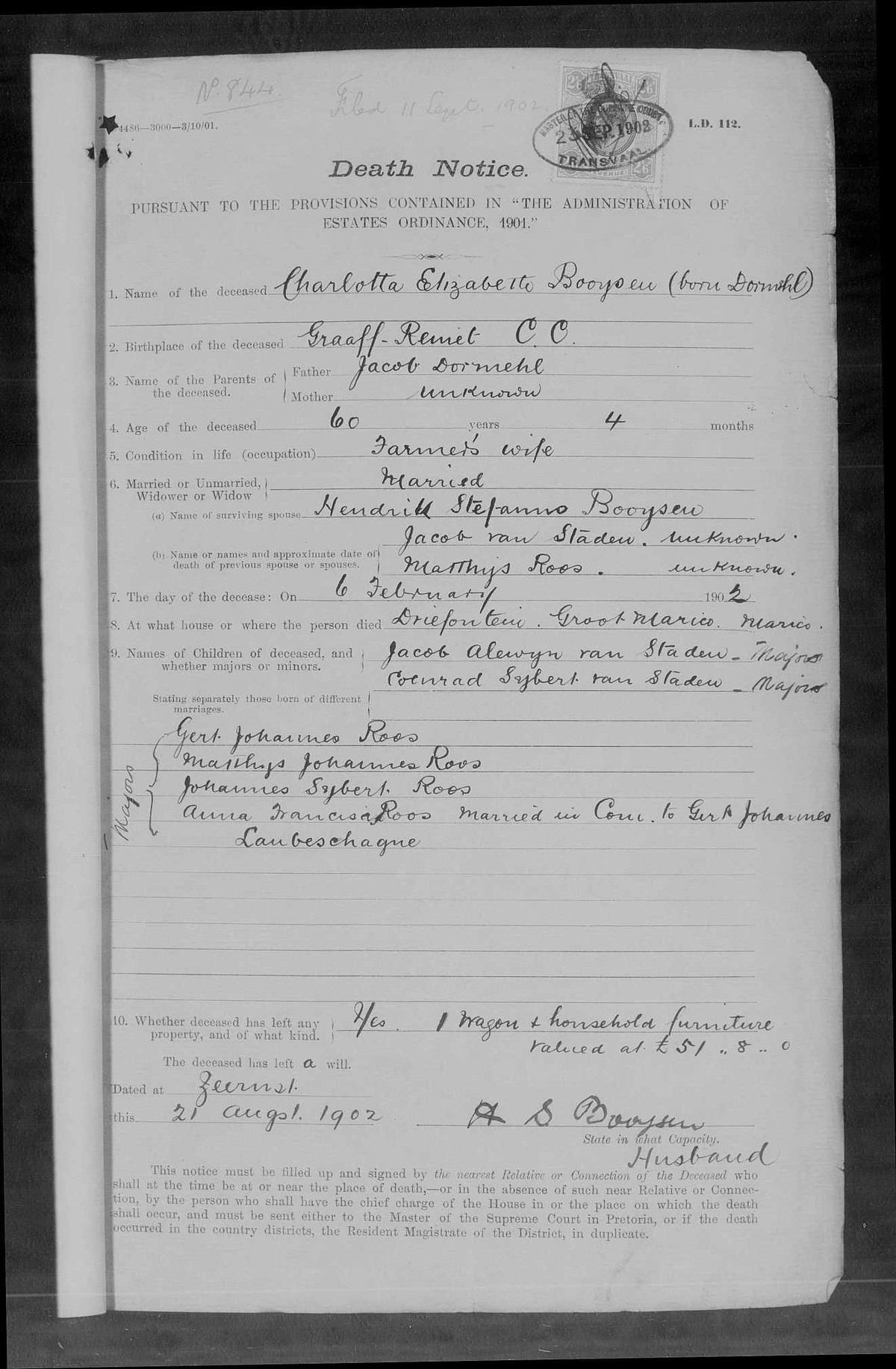 Death Notice 844 of 1902 for Charlotta Elizabetha Booysen, born Dormehl, of Driefontein, Groot Marico.