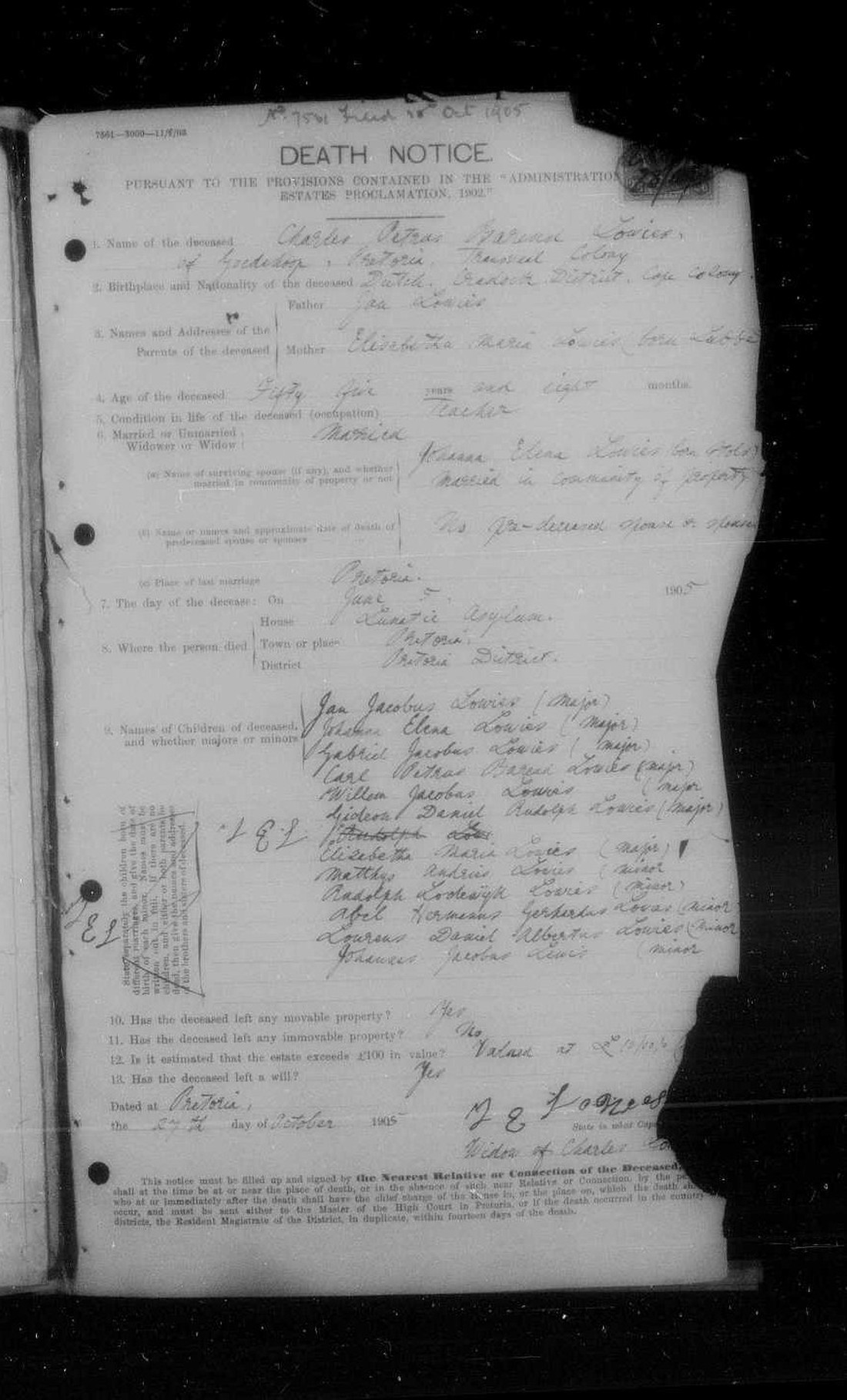 Death Notice 7081 of 1905 for Charles Petrus Barend Lowies of Goedehoop, Pretoria.