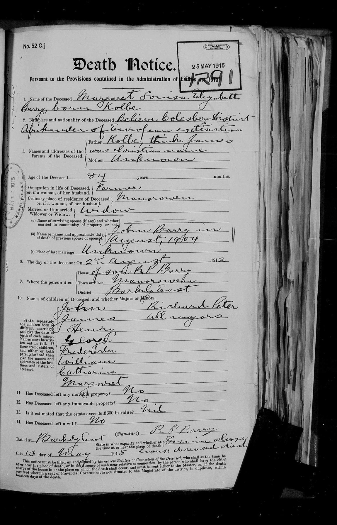 Death Notice 1291 of 1915 for Margaret Louisa Elizabeth Barry, born Kolbe, of Manorowen, Barkly East.