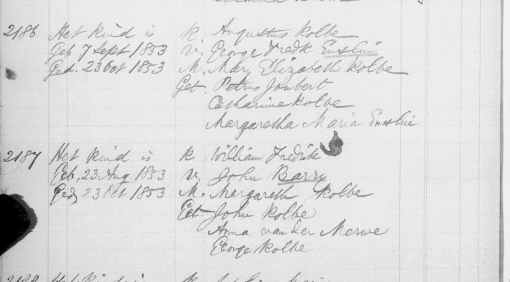 Entries 2186 and 2187 of the Burgersdorp baptism register, 23 October 1853: Augustus Kolbe, son of George Fredk Enslin and Mary Elizabeth Kolbe; and William Fredrik, son of John Barry and Margareth Kolbe.