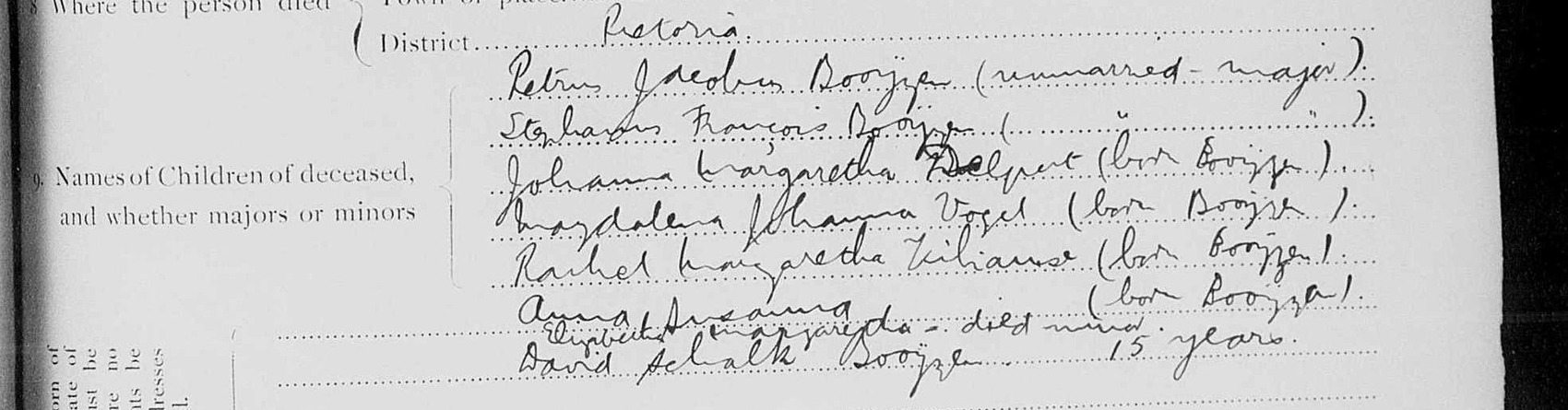 Question nine, the children: Petrus Jacobus, Stephanus François, Johanna Margaretha Delport, Magdalena Johanna Vogel, Rachel Margaretha Williamse, Anna Susanna, Elizabeth Margarietha died a minor, David Schalk 15 years.