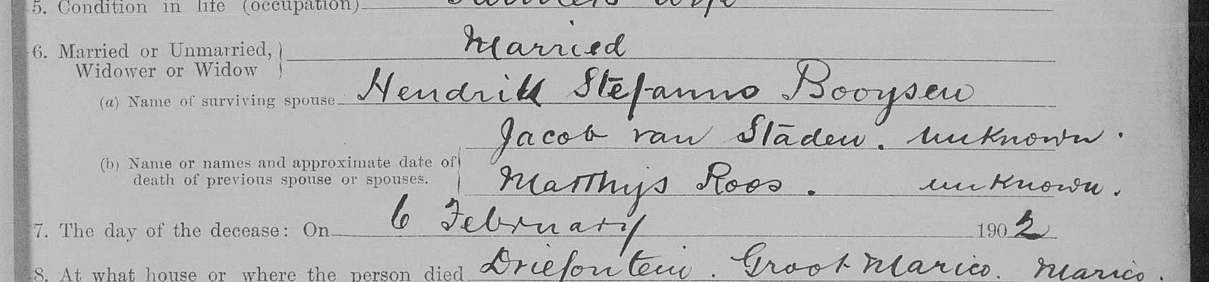 Question six: surviving spouse Hendrik Stefanus Booysen; previous spouses Jacob van Staden, unknown; Matthys Roos, unknown. Died 6 February 1902 at Driefontein, Groot Marico.
