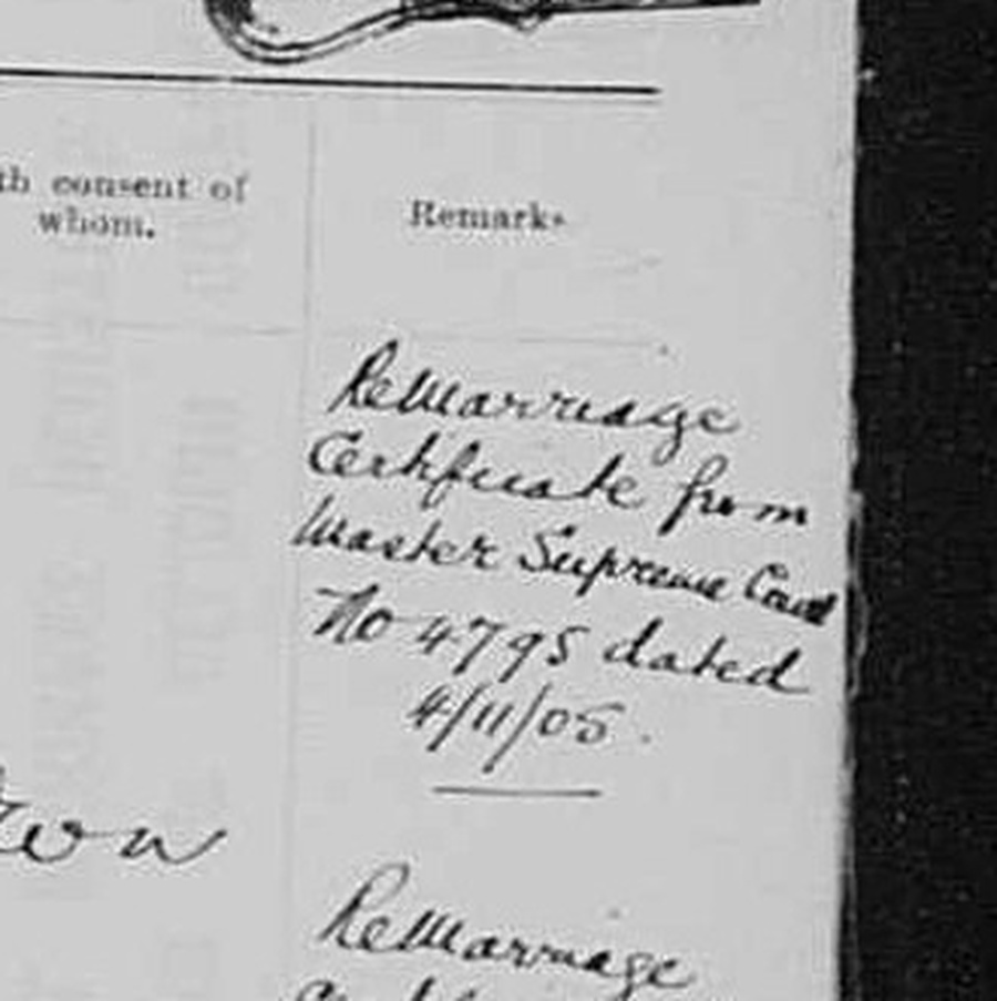 The remarks column: Remarriage Certificate from Master Supreme Court No. 4795 dated 4/11/05.