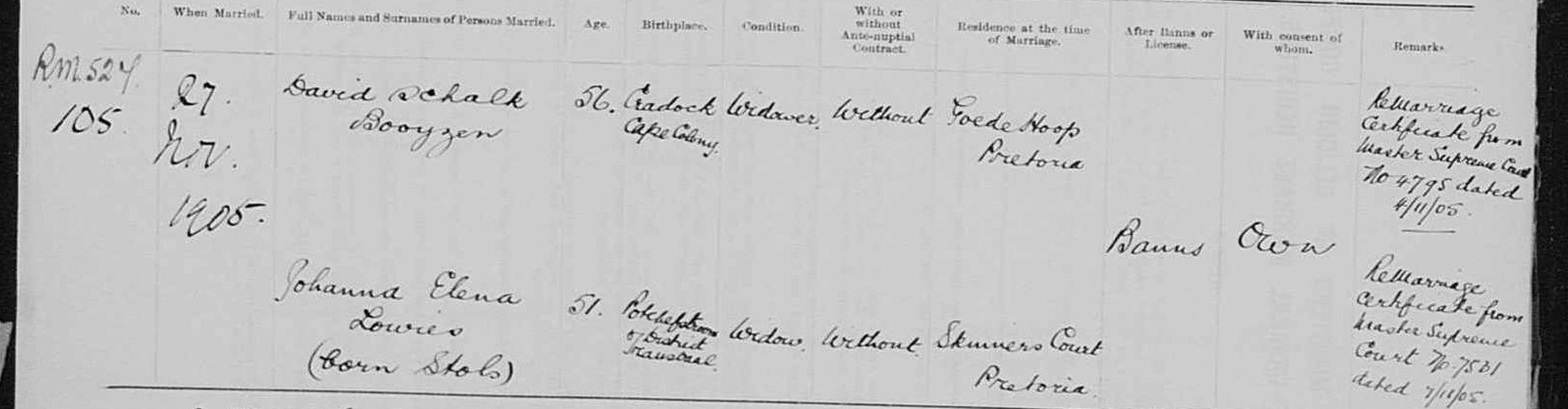 Entry 105 of the Pretoria marriage register, 27 November 1905: David Schalk Booyzen, 56, Cradock, Cape Colony, widower, of Goede Hoop, Pretoria; Johanna Elena Lowies born Stols, 51, Potchefstroom district, widow, of Skinners Court, Pretoria.