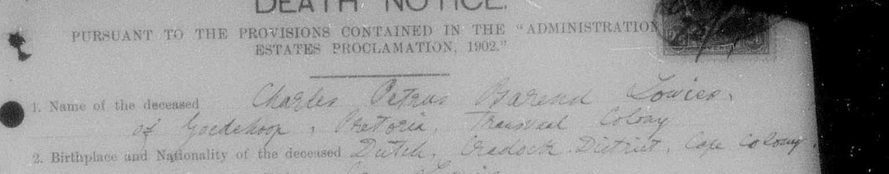 Line one: Charles Petrus Barend Lowies, of Goedehoop, Pretoria, Transvaal Colony; line two: Dutch, Cradock District, Cape Colony.