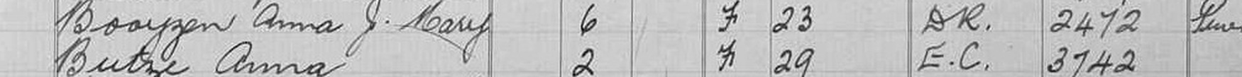 The register row: Booyzen Anna J. Mary, 6 months, F, 23 January, D.R., grave 2472, Private.
