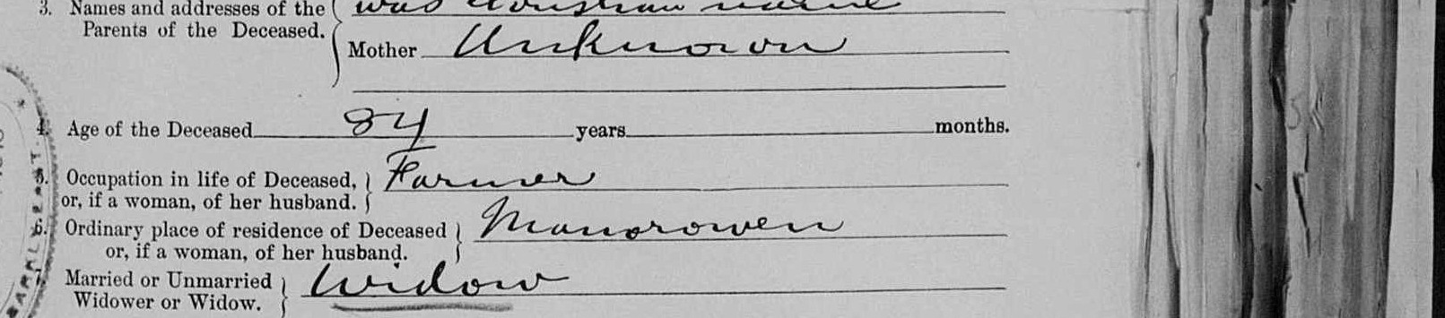 Question seven: name and date of death of previous spouse — John Barry in August 1904; place of last marriage, Unknown; died 2nd August 1912 at the house of son R. P. Barry, Manorowen, Barkly East.