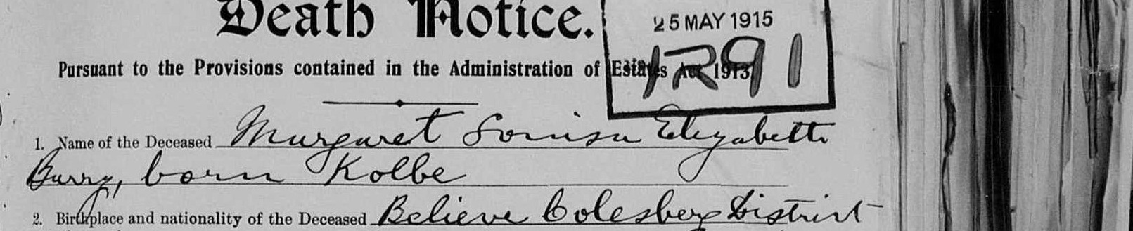 Questions one to three: Margaret Louisa Elizabeth Barry born Kolbe; Believe Colesberg District, Afrikander of European extraction; father Kolbe, thinks James was Christian name; mother Unknown.