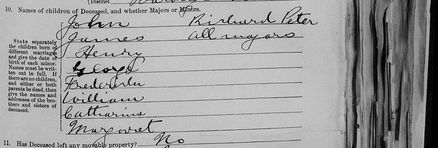 Question ten of the 1915 notice: John, James, Henry, George, Frederick, William, Catharina, Margaret, and Richard Peter — all majors.