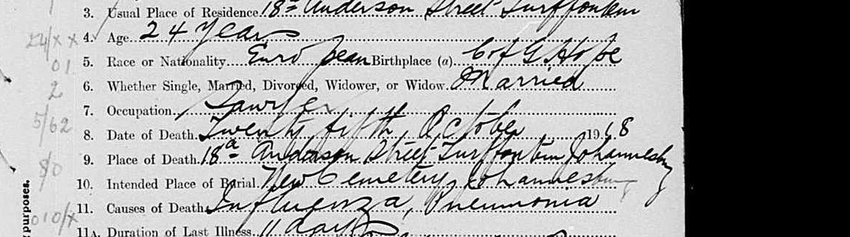 Lines five to eleven: European, born C. of G. Hope; Married; Occupation Sawyer; died twenty-fifth October 1918; causes of death influenza and pneumonia; duration eleven days.