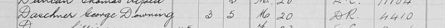 The register row: Daschner George Downing, 3 months 5 days, M, 20 June, D.R., grave 4410.