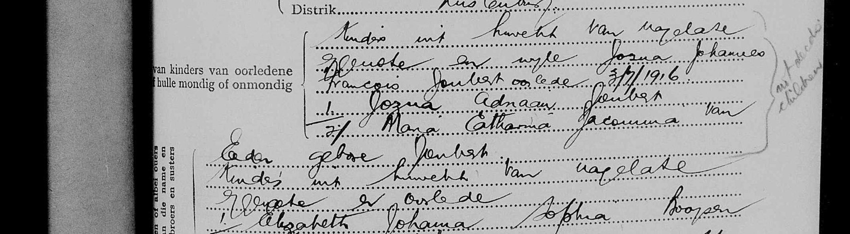 Question ten, the children: two Jouberts braced apart from three Booysens, with a pencil note in the margin.