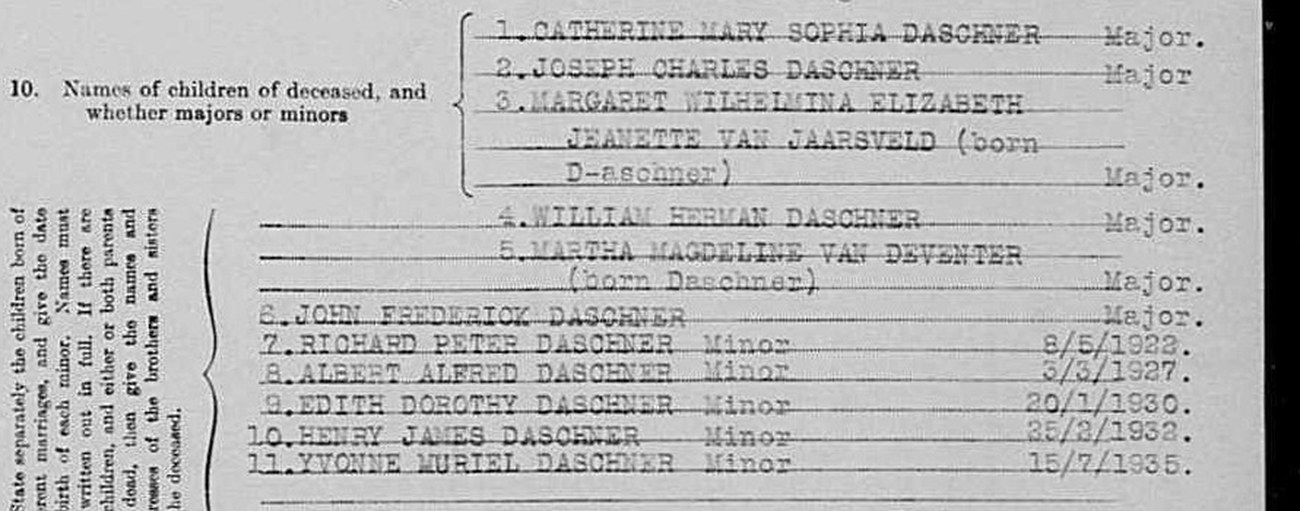 Eleven Daschner children listed on a 1942 death notice, several carrying Barry and Booyzen forenames.