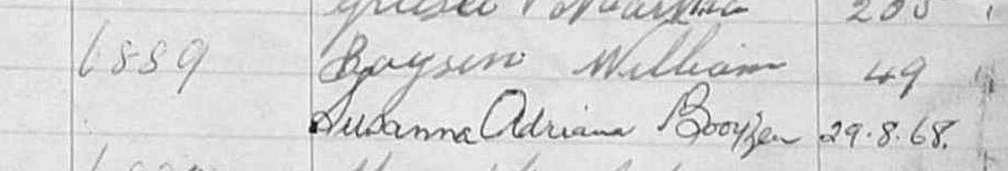 Grave 6889 in the Town Council of Johannesburg consecutive grave-number register: Boysen William, folio 49; Susanna Adriana Booyzen, 29.8.68.