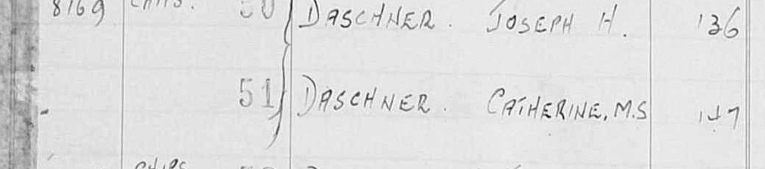 The consecutive grave-number register: 50 Daschner Joseph H., folio 136; 51 Daschner Catherine M.S., folio 147, braced together.