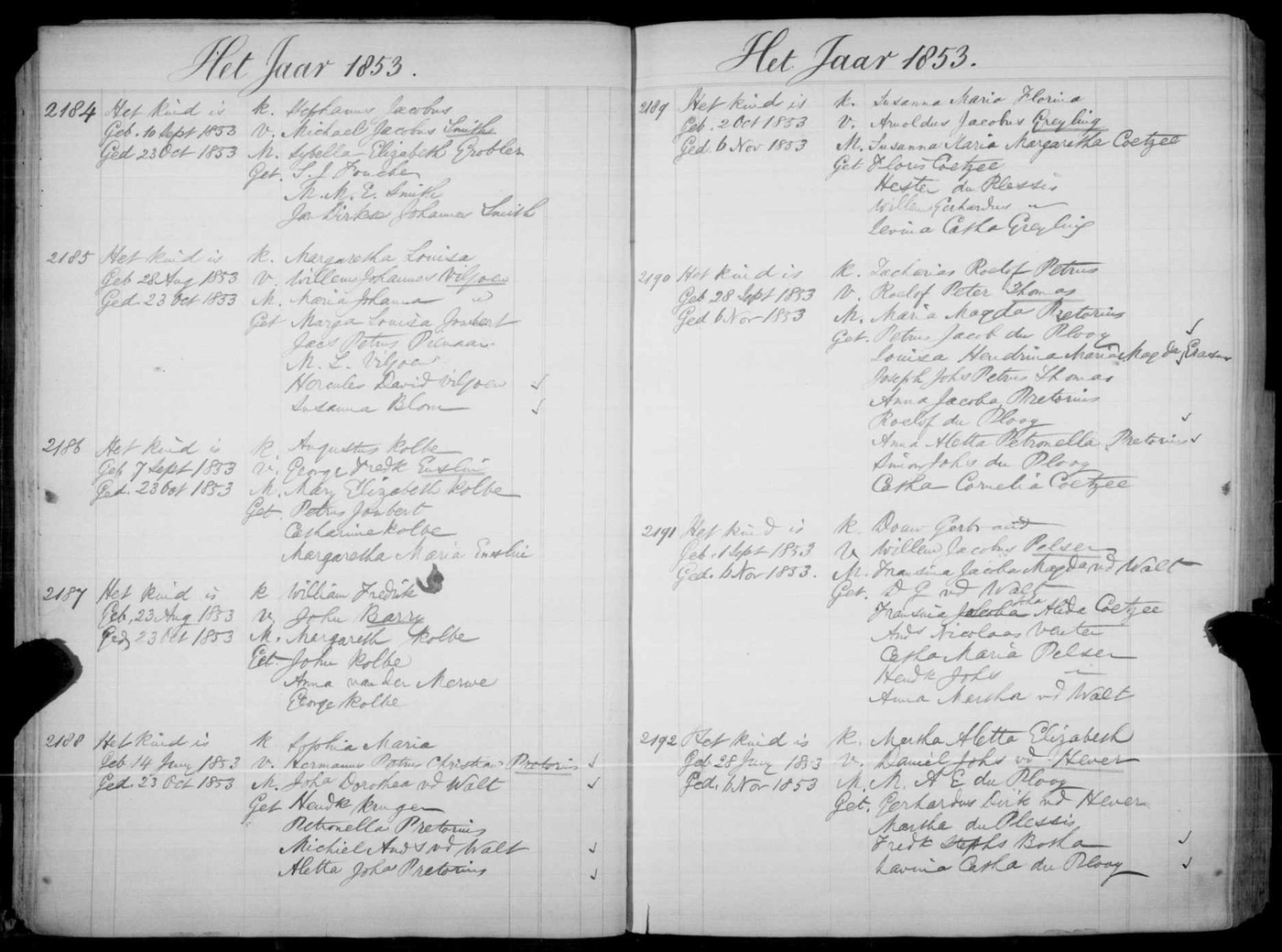 A double page of the Burgersdorp Dutch Reformed baptism register for 1853, entries 2184 to 2192.