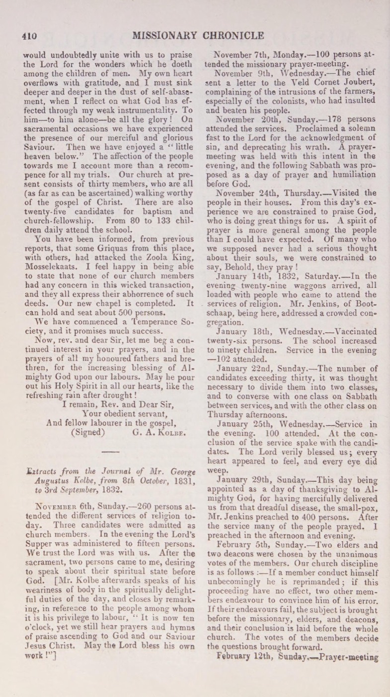 Page 410 of the Missionary Chronicle for 1833, carrying the end of Kolbe's letter over his signature and the opening of his journal.
