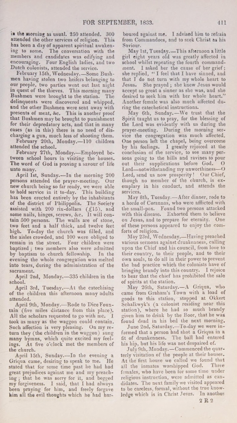 Page 411 of the Missionary Chronicle for 1833, carrying the February to May entries of Kolbe's journal.