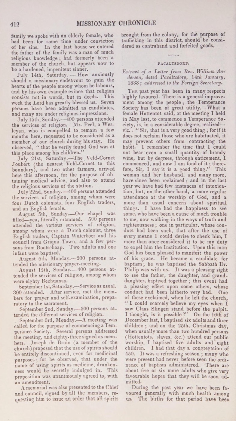 Page 412 of the Missionary Chronicle for 1833, ending with the founding of the Temperance Society.
