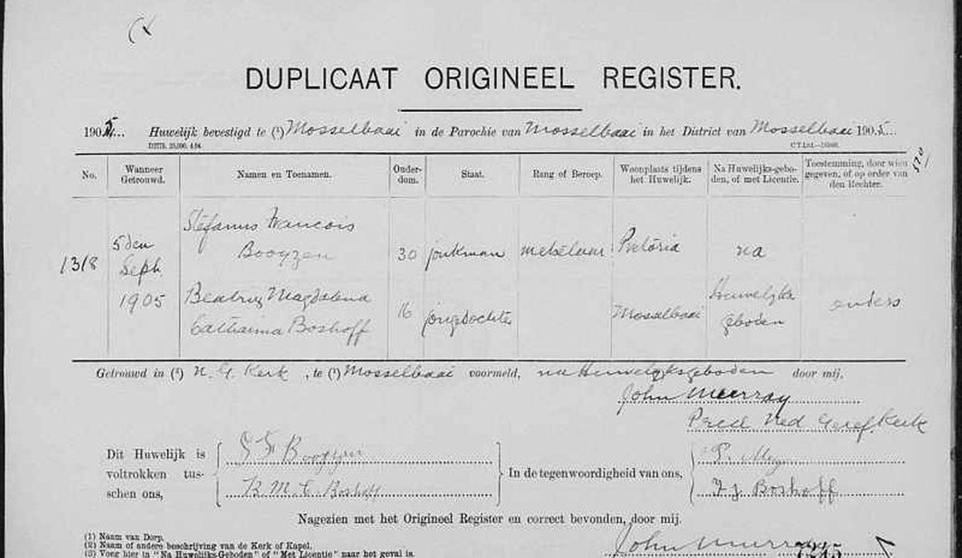 The Mossel Bay duplicate marriage register sheet for 5 September 1905, one entry to the page.