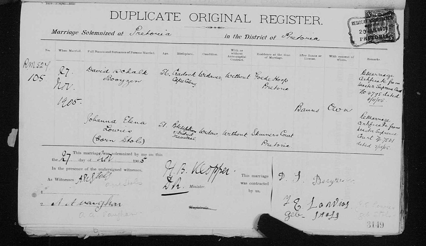 The Pretoria duplicate marriage register sheet for 27 November 1905.
