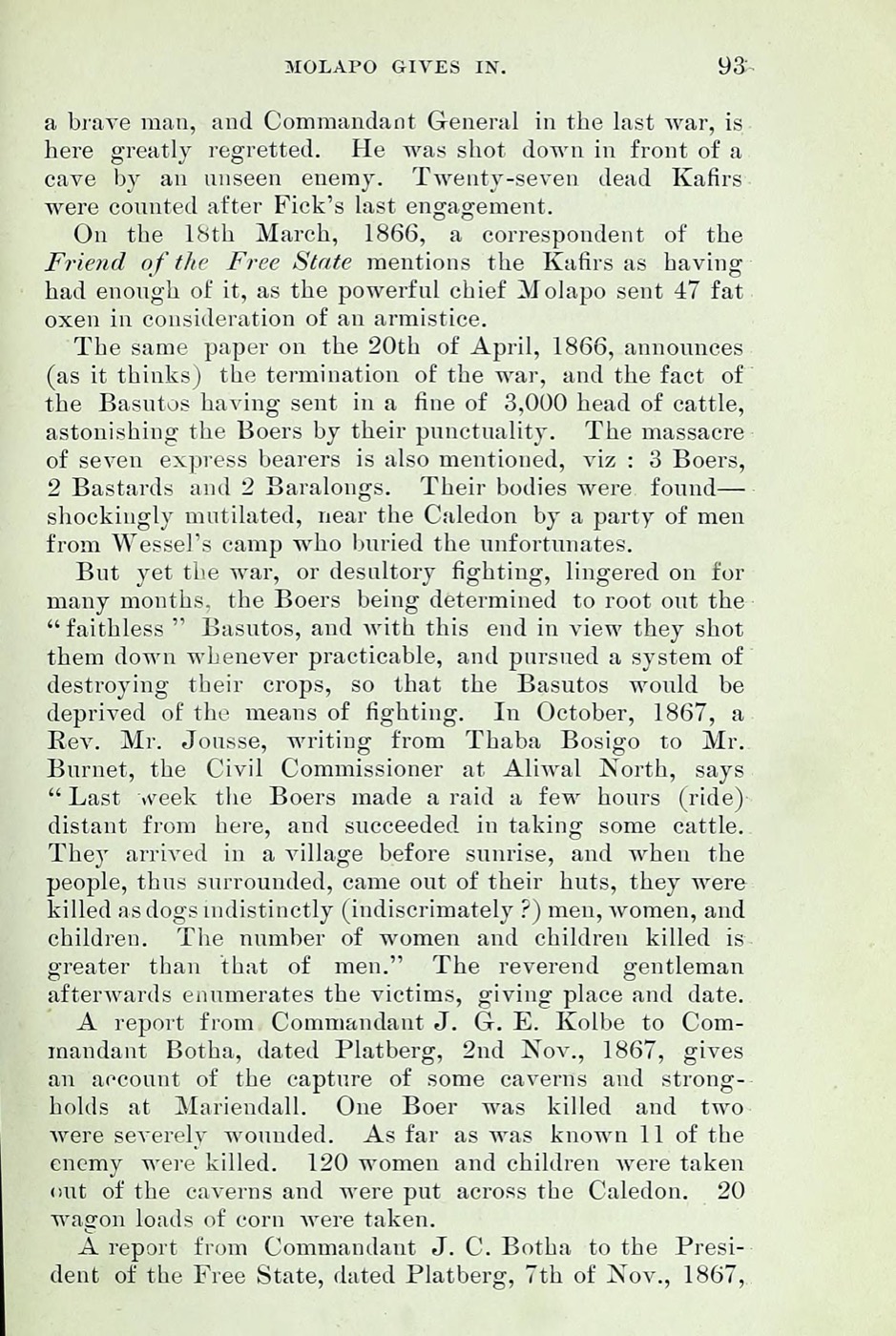 Page 93 of Moodie's Battles and Adventures, citing a report from Commandant J. G. E. Kolbe.