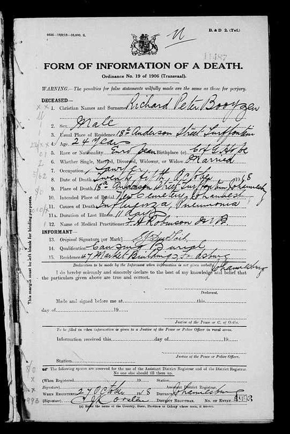 Form of Information of a Death, 1918: Richard Peter Booyzen, 24, of 18 Anderson Street, Turffontein, European, born Cape of Good Hope, married, died of influenza and pneumonia.