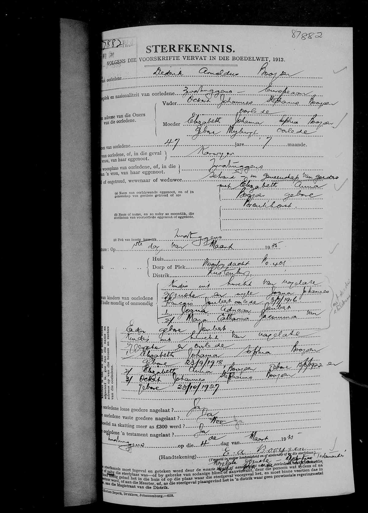 Sterfkennis 87882 of 1935 for Diederik Arnoldus Booysen of Zwartruggens, karweier.